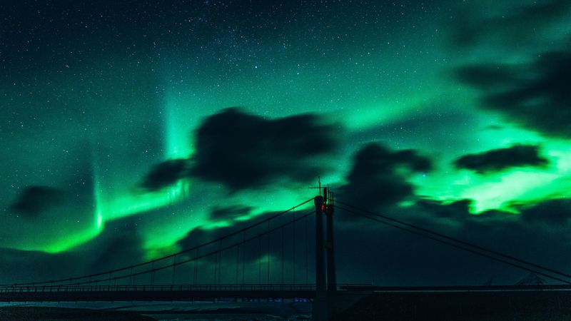 bridge, dark, northern lights, clouds, night, 4k