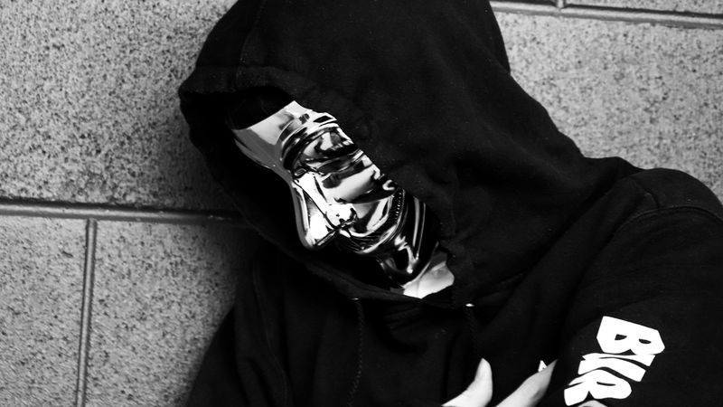 mask, metal, hood, man, bw, 4k