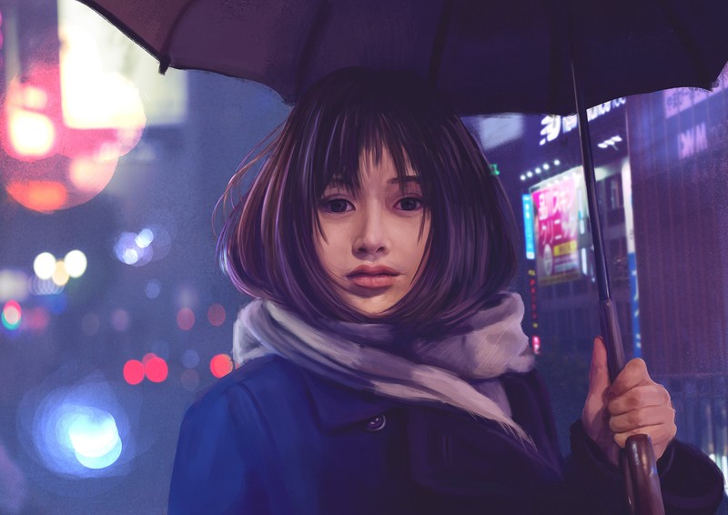 asian, girl, umbrella, hd, artwork, digital art, artist