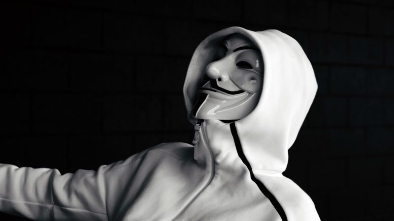 anonymous, mask, hood, bw, 4k