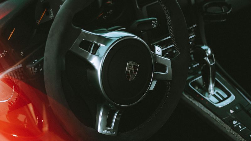 porsche, car, sportscar, red, steering wheel, 4k