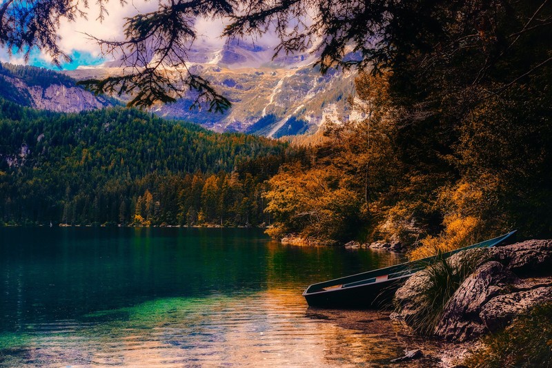 nature, hd, autumn, sunset, landscape, mountains, boat, autumn, lake, trees