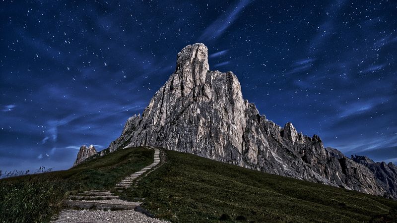 mountain, rock, path, night, starry sky, 4k