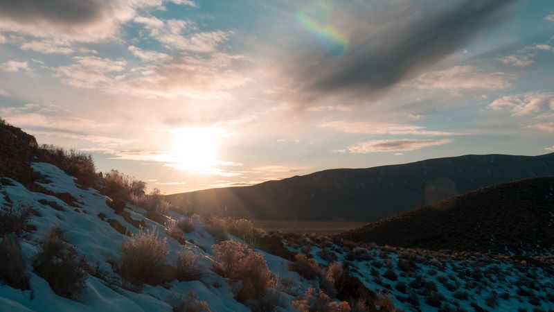 hills, snow, sunset, winter, landscape, 4k