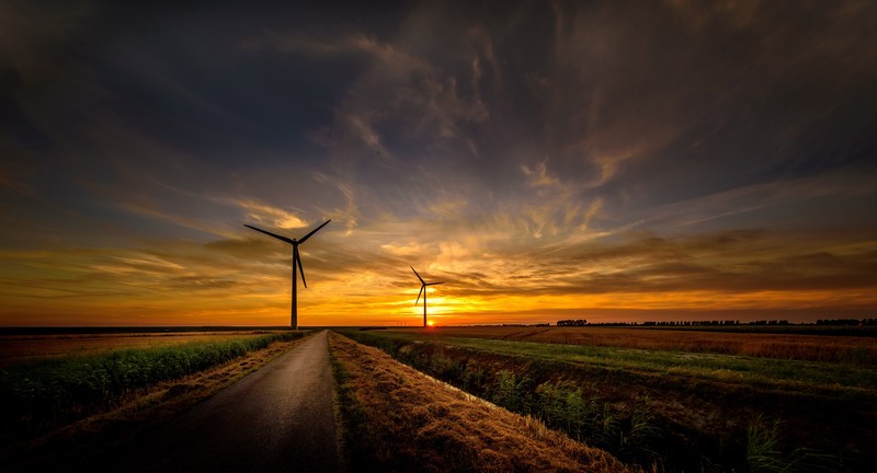 wind turbine, sunrise, road, sky, nature, 4k, 5k, 8k, hd