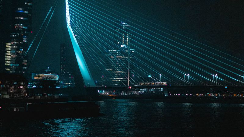 night city, buildings, bridge, water, dark, 4k