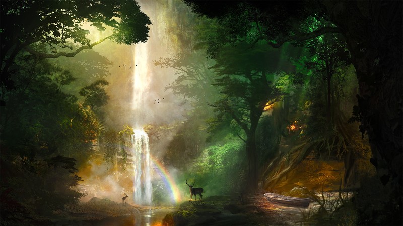 deer, forest, nature, landscape, rainbow, waterfall, artwork, hd, boat, trees