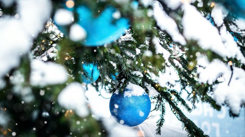 tree, snow, decoration, baubles, new year, christmas, 4k