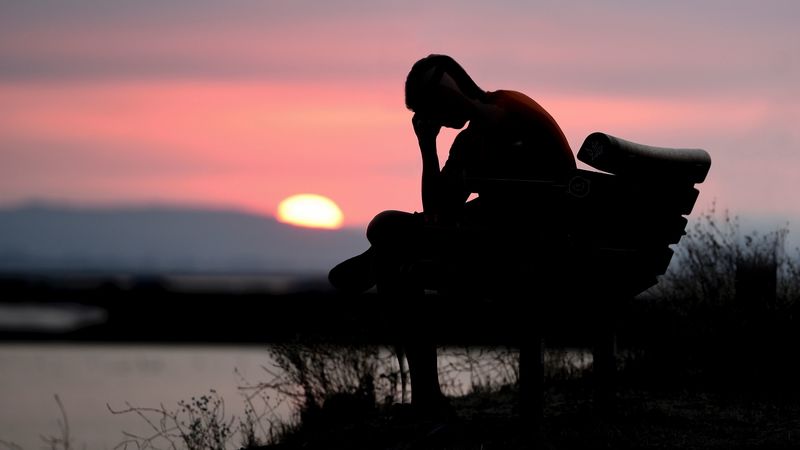 silhouette, alone, sad, dark, sunset, 4k