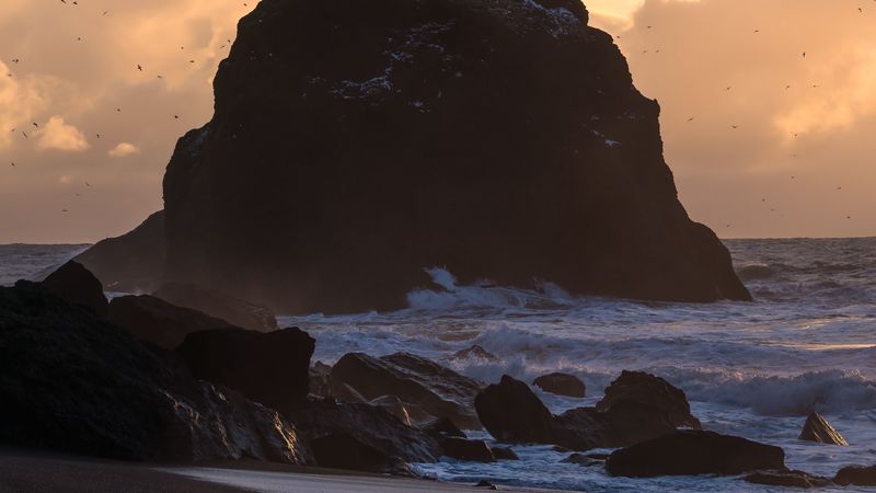 rock, sea, beach, waves, 4k