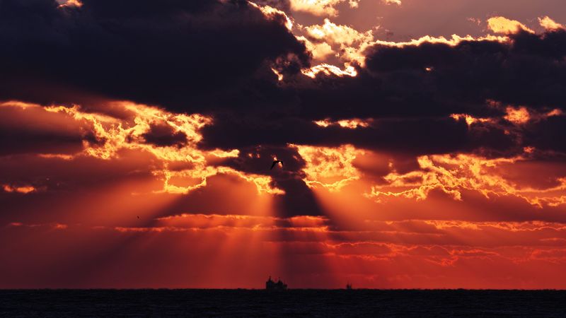 sunset, sea, clouds, dark, dusk, 4k