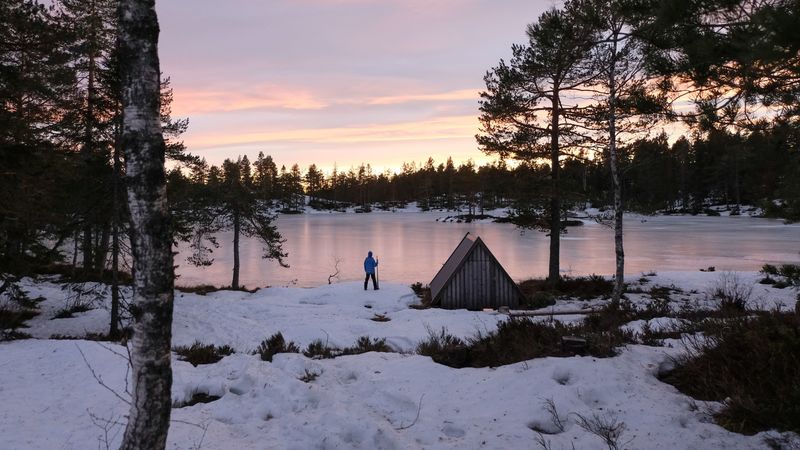 lake, shore, snow, nature, man, 4k