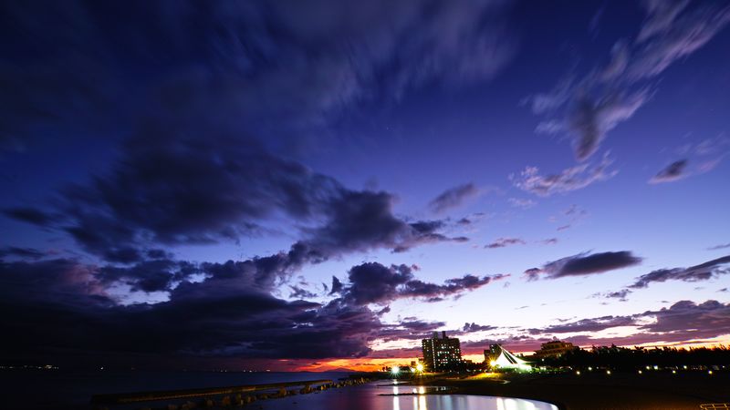 city, buildings, coast, dusk, dark, 4k