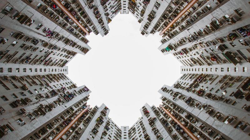 buildings, sky, architecture, bottom view, 4k