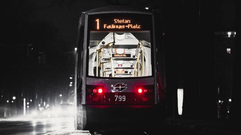 tram, rails, night, city, dark, 4k