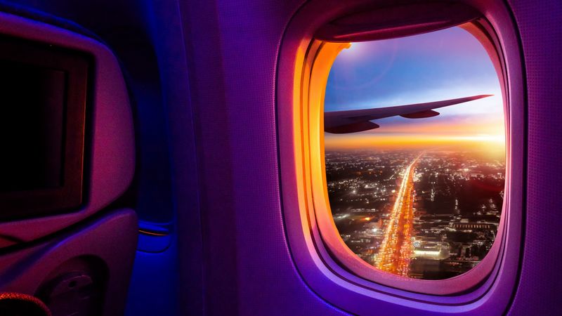 airplane, porthole, window, overview, city, 4k