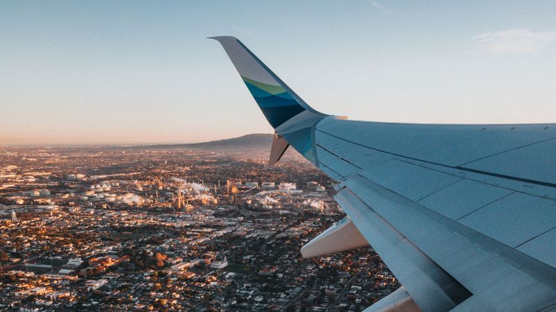 airplane, wing, city, aerial view, overview, 4k