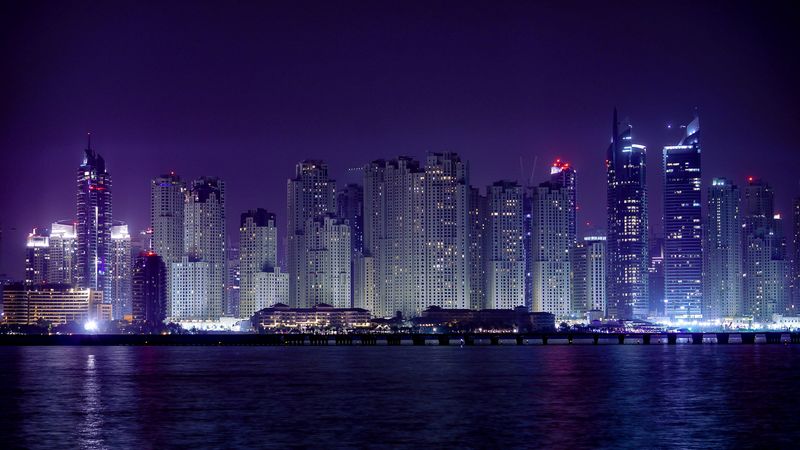 night city, buildings, architecture, water, lights, night, 4k