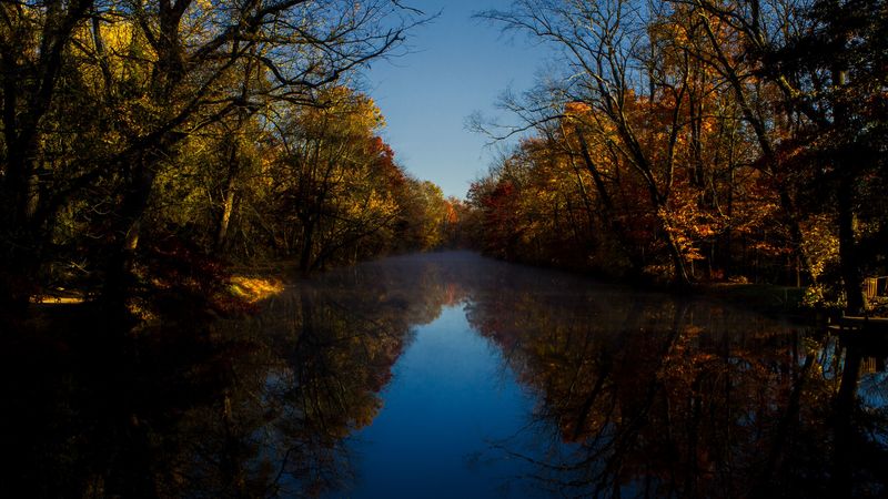 river, trees, reflection, nature, autumn, 4k