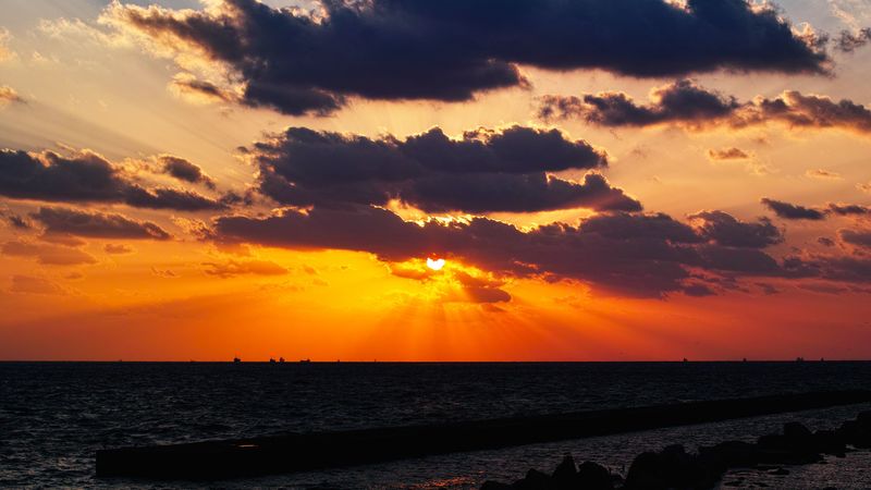 sunset, sea, sun, clouds, landscape, 4k