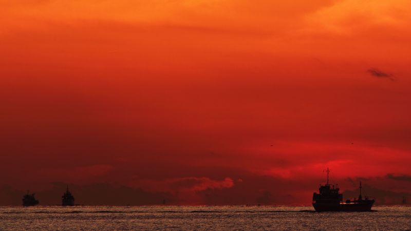 sea, sunset, ship, dark, dusk, 4k