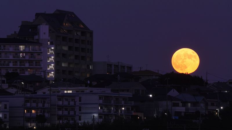 city, night, moon, buildings, dark, 4k