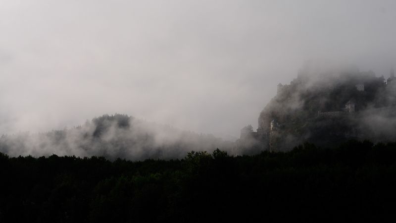 mountain, fortress, fog, forest, nature, 4k