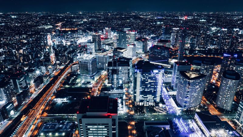 night city, buildings, aerial view, architecture, metropolis, lights, 4k