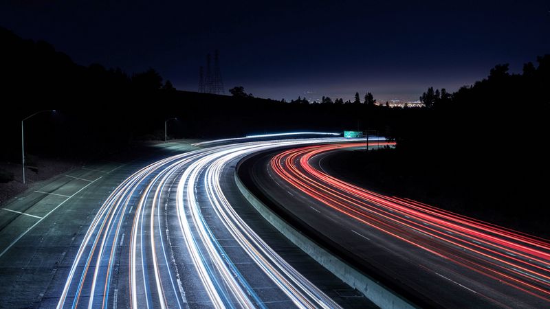 road, dark, turn, lights, long exposure, 4k