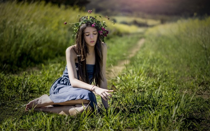 girls, hd, cute, butterfly, grass