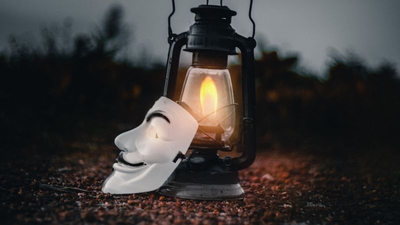 lantern, mask, fire, light, 4k
