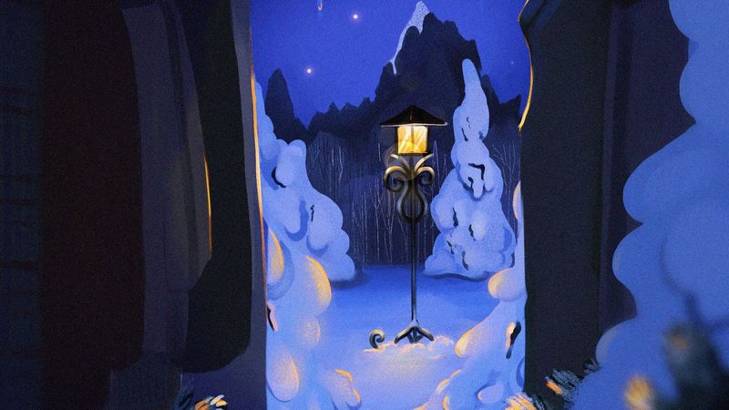 lamppost, night, winter, snow, art, 4k