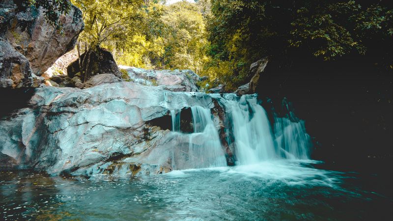 river, waterfall, rocks, trees, landscape, 4k