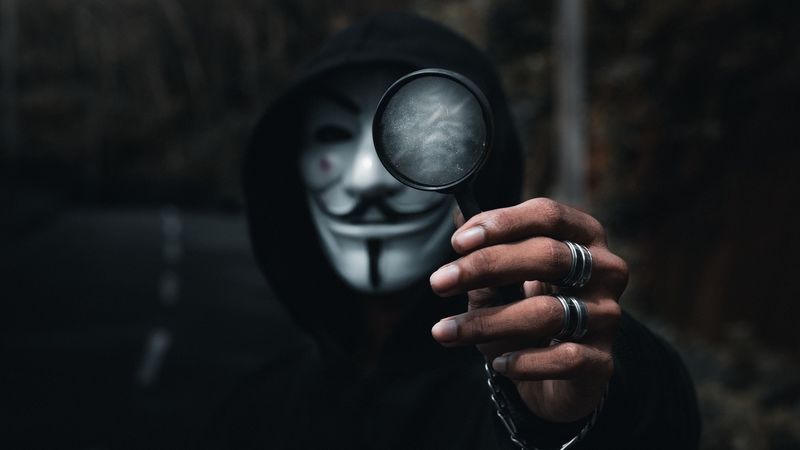 anonymous, hand, magnifier, man, mask, 4k