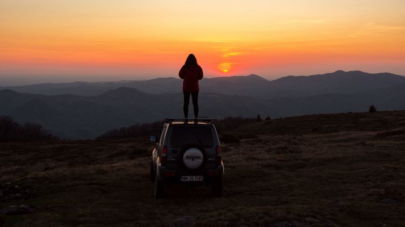 car, person, sunset, mountains, nature, 4k