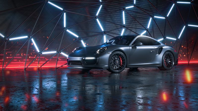 car, sportscar, gray, side view, neon, 4k