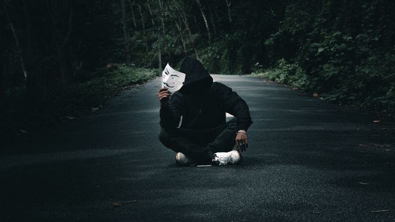 anonymous, man, mask, road, forest, 4k