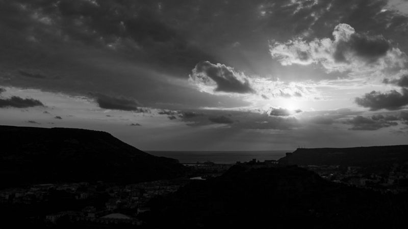 sunset, mountains, bw, landscape, 4k