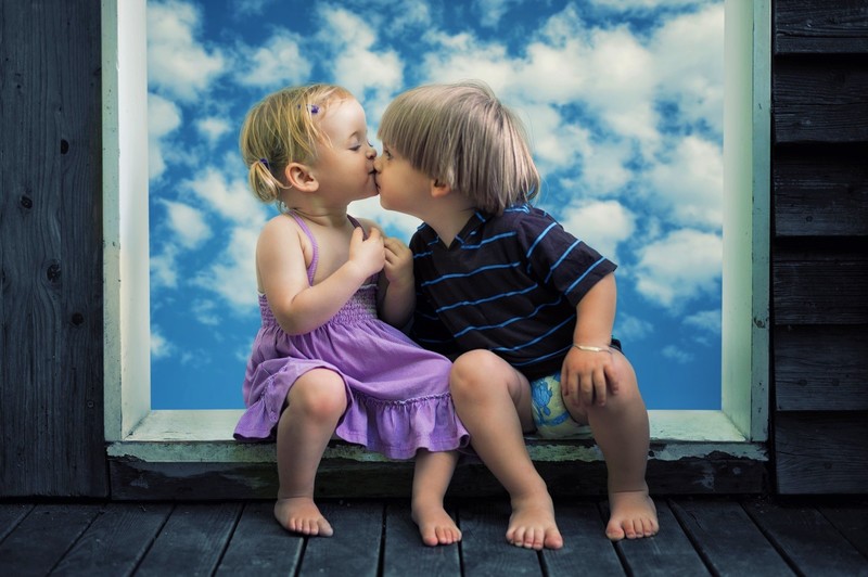 little girl, cute, kiss, little boy, hd, photography