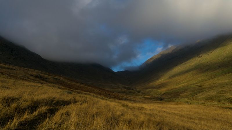 valley, hills, clouds, grass, landscape, 4k