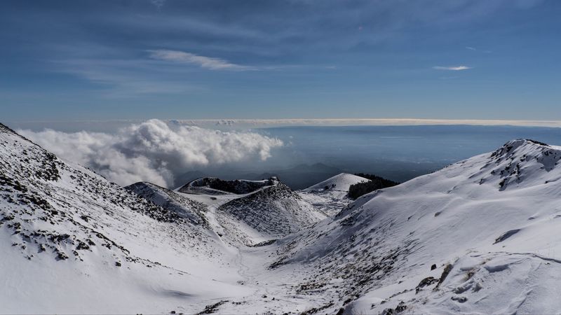mountains, snow, clouds, horizon, landscape, 4k
