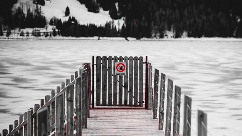 pier, fence, lake, ice, winter, 4k