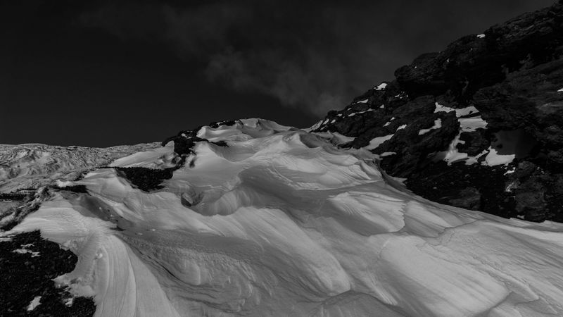 mountain, slope, snow, bw, 4k