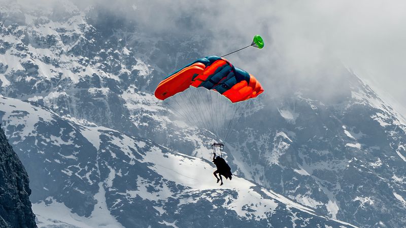 paraglider, parachute, mountains, snow, snowy, 4k