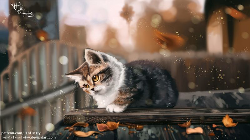kitten, cat, leaves, autumn, art, 4k