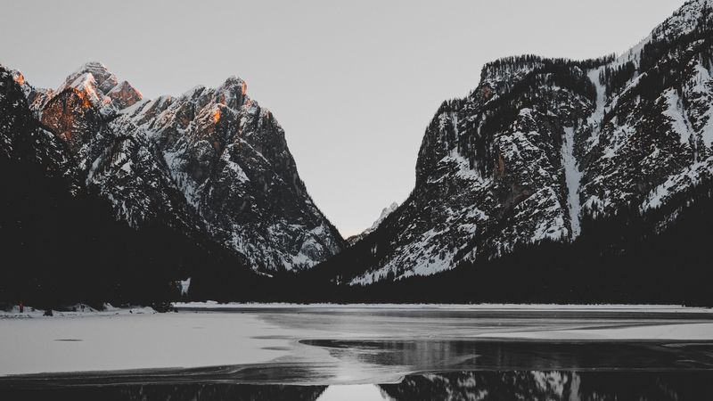 mountains, lake, ice, landscape, nature, 4k