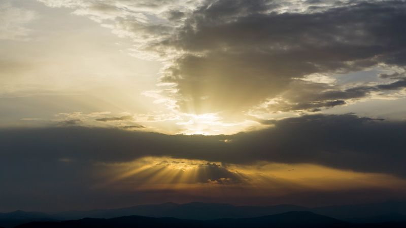 sunset, clouds, light, rays, landscape, 4k
