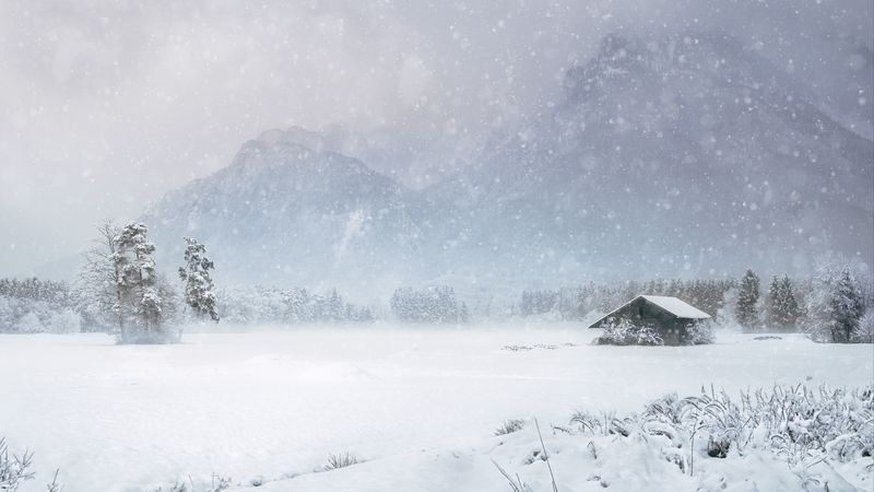 house, snow, blizzard, winter, mountains, 4k