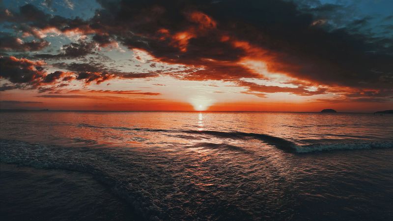 sunset, sea, waves, horizon, dusk, 4k