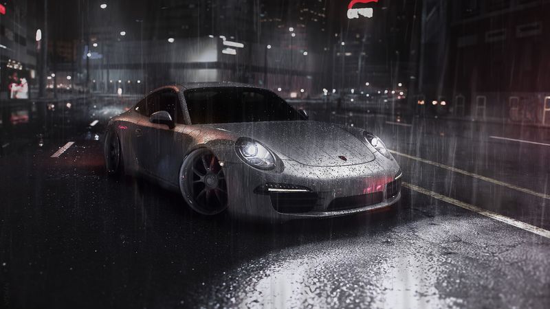 car, sportscar, gray, rain, street, 4k